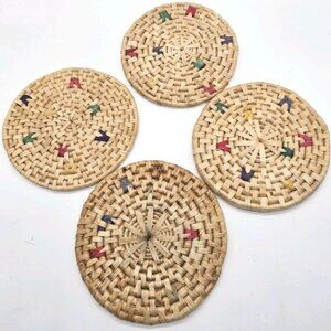 Vintage Woven Rattan Round Trivets Lot Of 4 Bohemian 70's Tropical